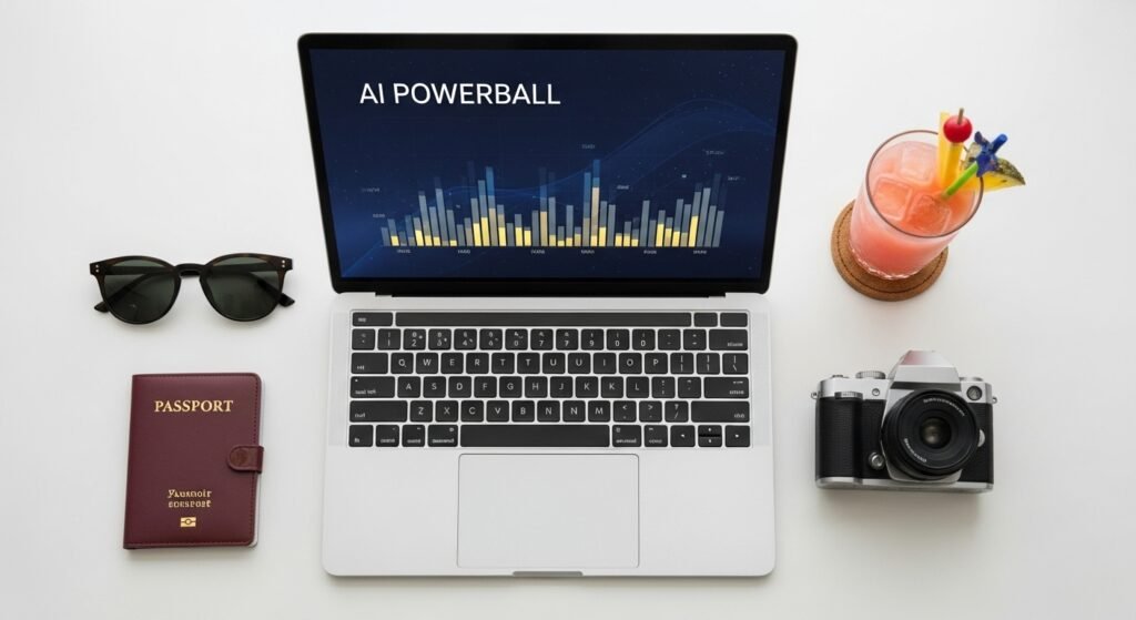 여권, 선글라스, 그리고 AI파워볼 그래프가 띄워진 노트북