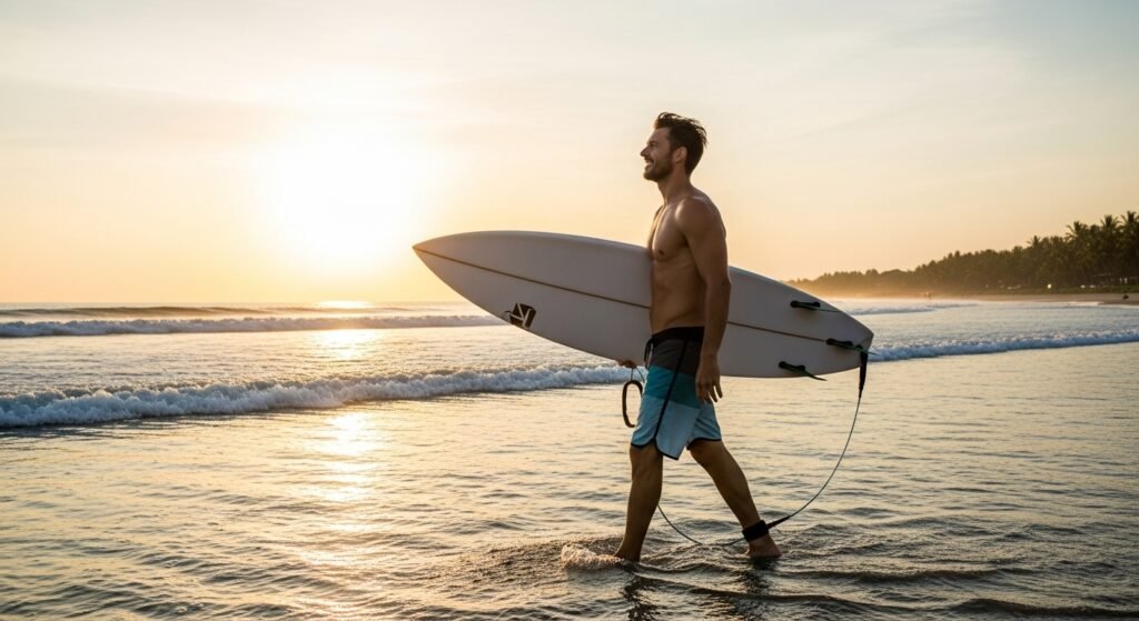 작업을 마치고 서핑 보드를 들고 바다로 향하는 남성